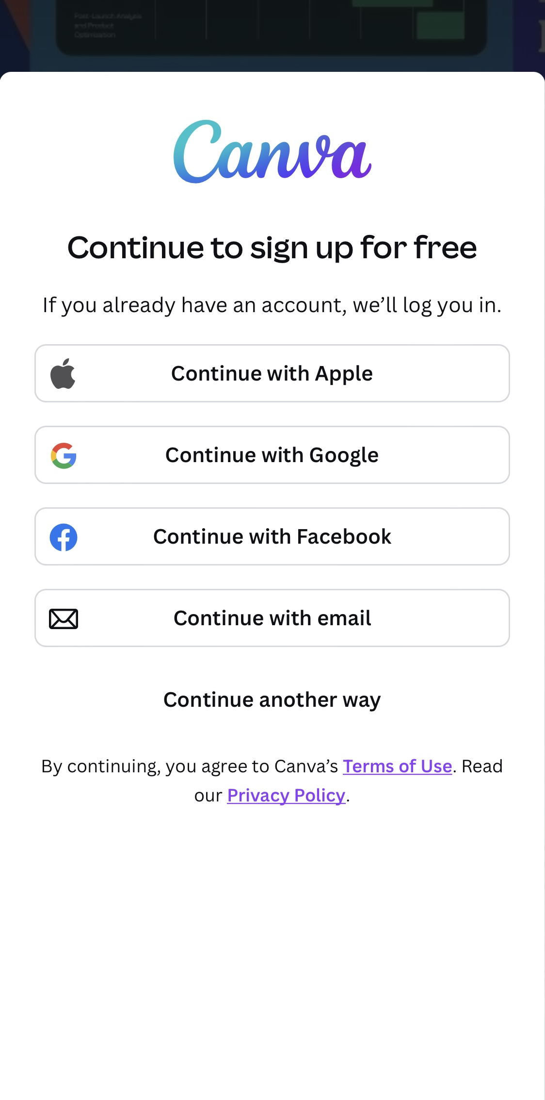 Canva sign up screen