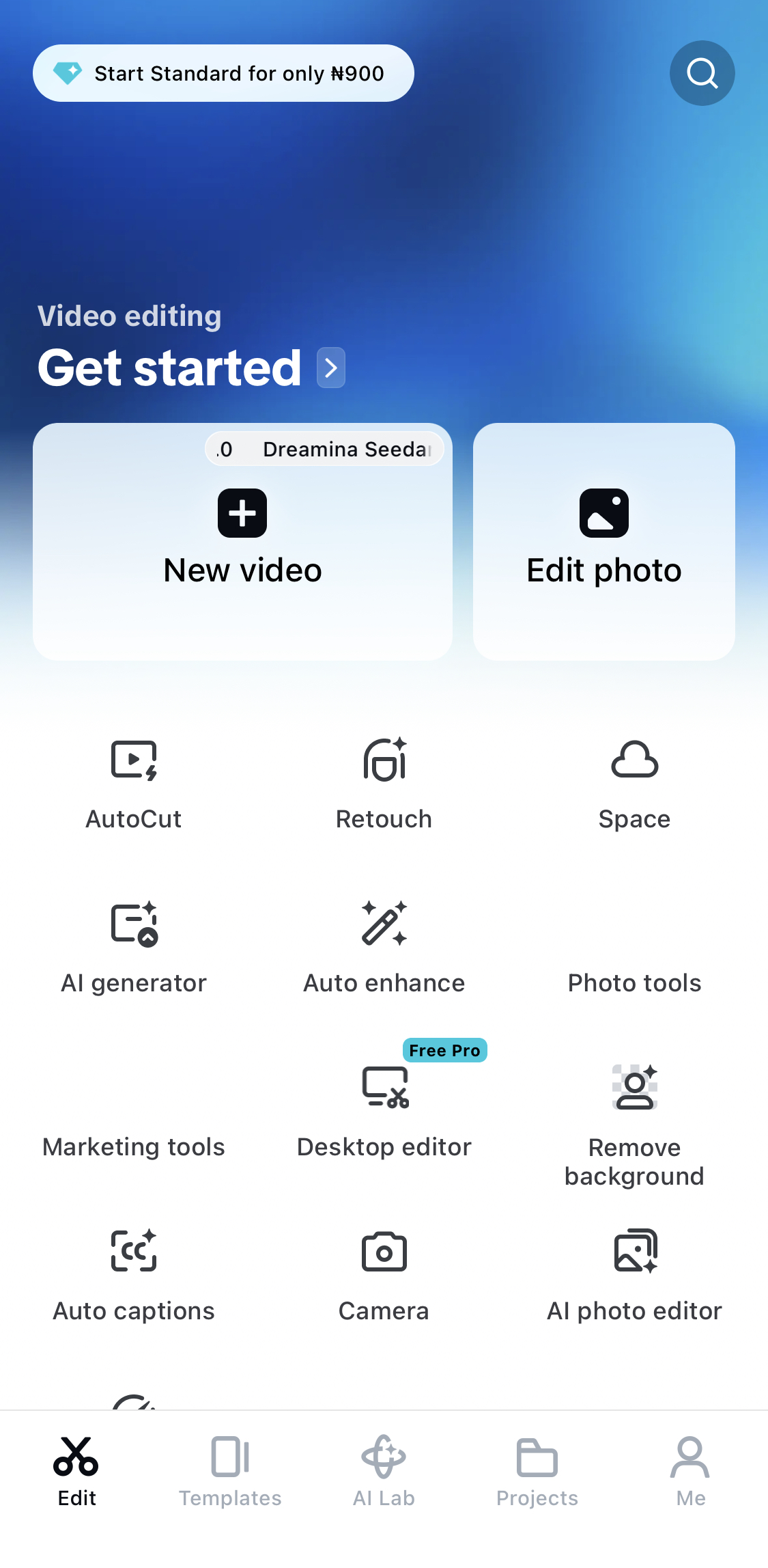 CapCut home screen